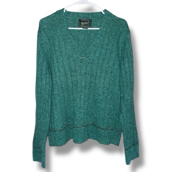 WOOLRICH Sweater Vintage Y2K V-neck Teal Ribbed Wool Blend Pullover Women’s L - Picture 2 of 16
